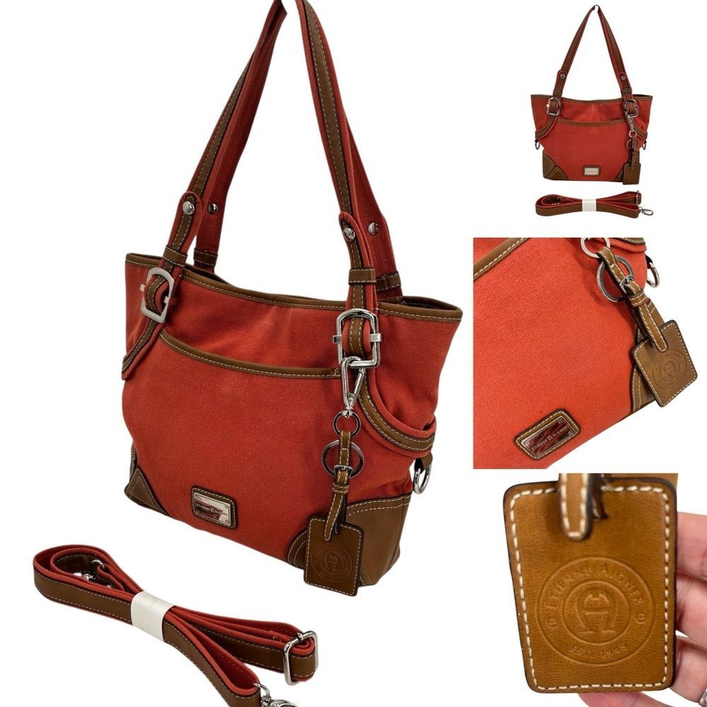 Etienne Aigner Coral Canvas Brown Trim Crossbody Strap ShoulderBag
